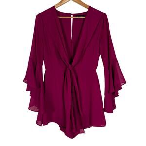 Fabrik Rompers Womens S Hot Pink Silk Long Flare Sleeve Keyhole Boho Date Night